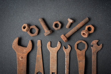 Old rusty wrenches, bolts and nuts arranged on dark textured background. Industrial repair and...