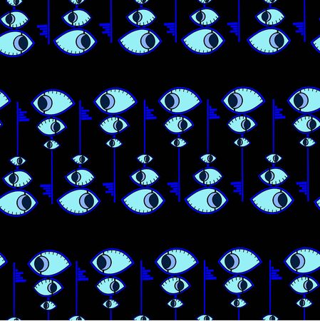 Blue cartoon eyes and keys seamless pattern. Psychedelic vector art. Idea for yoga decorのイラスト素材