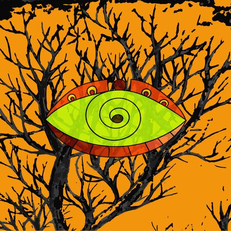 cartoon yellow eye with a spiral on the background of tree branchesのイラスト素材