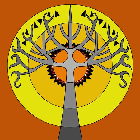 stylized tree in ethnic style with sunのイラスト素材