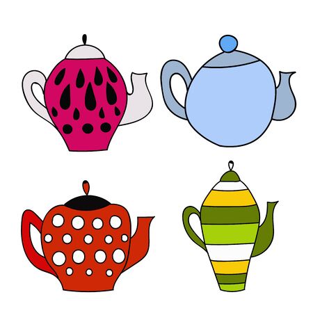 tea pot colored cartoon set. Isolated on whiteのイラスト素材