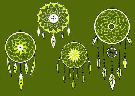 green dream catchers set, boho style on a green backgroundのイラスト素材