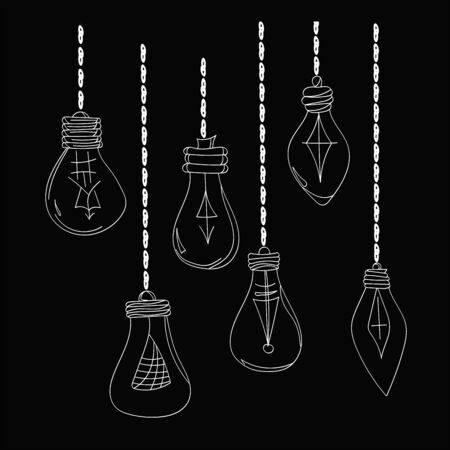 cartoon lamp set vector on chains on a dark background for decoration in black and whiteのイラスト素材