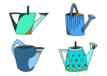 garden watering can, cute cartoon set isolated on whiteのイラスト素材