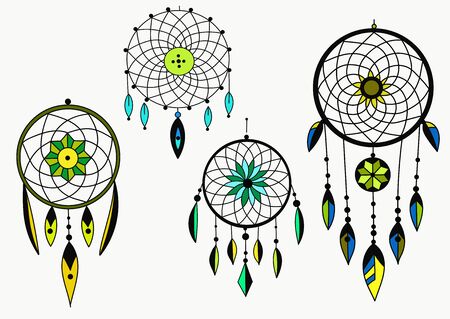 Colored dreamcathers set isolated on white. Ethnic style.のイラスト素材