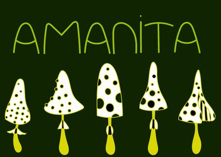 cartoon amanita mushrooms vector art o a green background. Colorful illustrationのイラスト素材