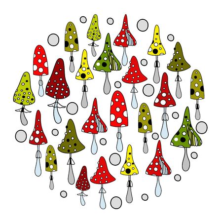 cartoon colored mushrooms in circle cute vector artのイラスト素材