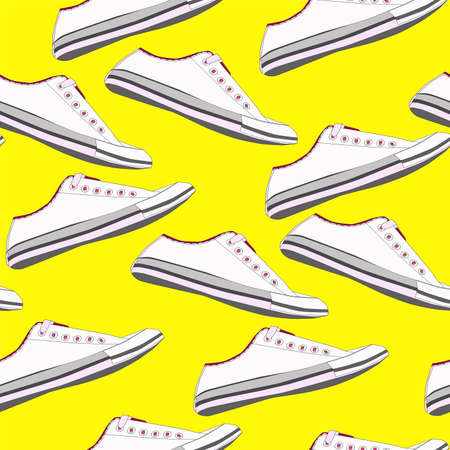 Seamless pattern with shoes in white colors on a yellow backgroundのイラスト素材