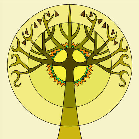 stylized tree in ethnic style with sunのイラスト素材