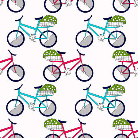 Colored bikes, Bicycles seamless pattern wallpaper on blue background, Simple icon flat design, Vector illustrationのイラスト素材