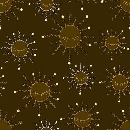 psychedelic seamless pattern with brown sun and eyes on a brown background.. Idea for textiles and printingのイラスト素材