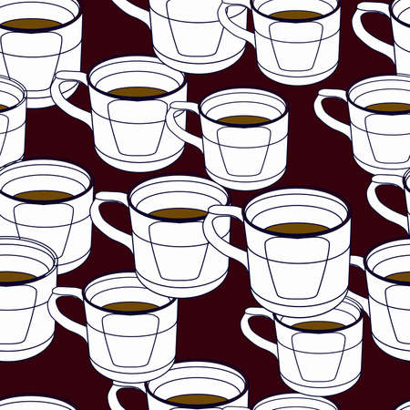 cartoon sketched seamless pattern of white cups with tea or coffe on burgundy background for decorationのイラスト素材