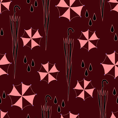 folded cartoon pink umbrella and drops seamless pattern on a burgundy backgroundのイラスト素材
