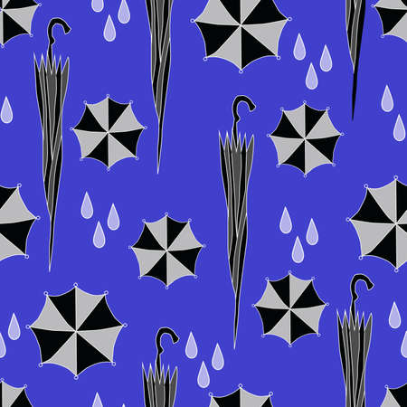 folded cartoon gray umbrella and drops seamless pattern on a blue backgroundのイラスト素材