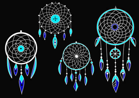 turquoise dream catchers set, boho style with feathers on a black backgroundのイラスト素材
