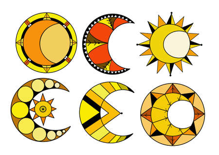 a set of sun, moon and stars, colored logo isolated in whiteのイラスト素材