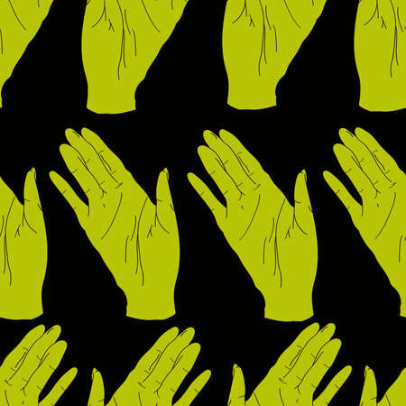 seamless pattern with green waving palms on black backgroundのイラスト素材