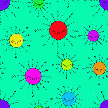 psychedelic seamless pattern with colored sun and eyes on a turquoise background.. Idea for textiles and printingのイラスト素材