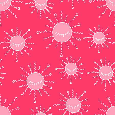 psychedelic seamless pattern with sun and eyes on a pink background.. Idea for textiles and printingのイラスト素材