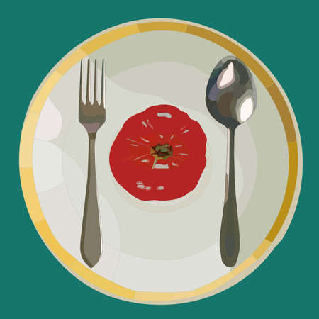 realistic silver fork and spoon on a plate with tomatoのイラスト素材