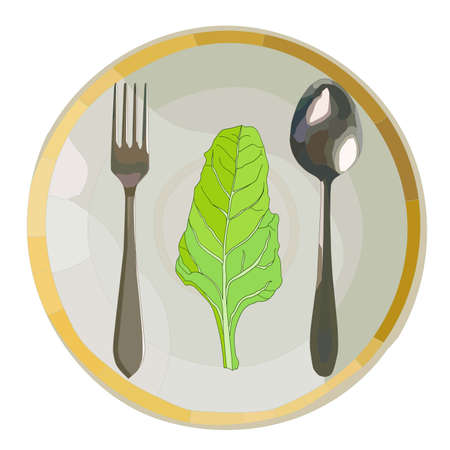 realistic silver fork and spoon on a plate with chard saladのイラスト素材