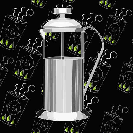 French press coffee pot on a cartoon black backgroundのイラスト素材