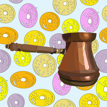 a coffe cezve realistic vector art on a colored donuts backgroundのイラスト素材
