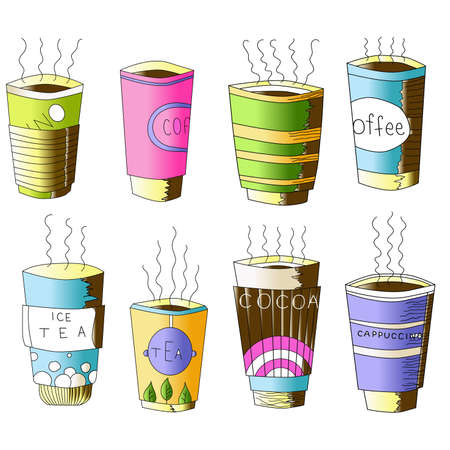 coffe and tea cups vector variations. Colorful hend drawn vector artのイラスト素材
