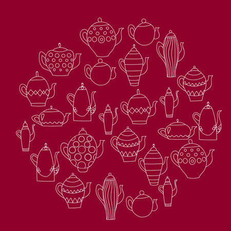 white tea pots on ball on a burgundy backgroundのイラスト素材