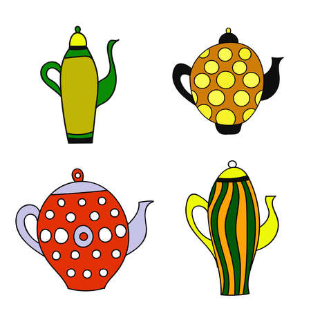 four tea pot colored cartoon set isolated on whiteのイラスト素材