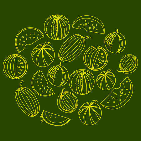 yellow melon and watermelon sketch art isolated on green. Line artのイラスト素材