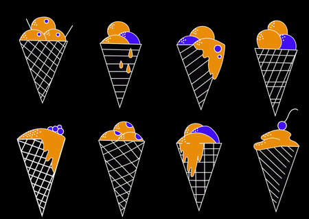 sweett cartoon ice cream set on black background. For cafe decorationのイラスト素材