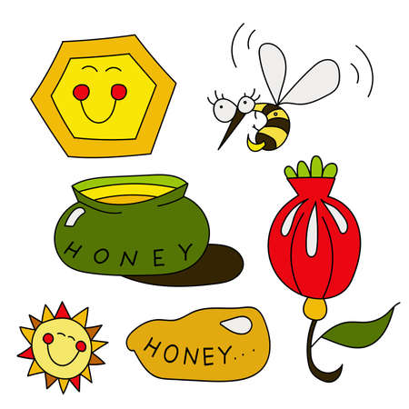 cute cartoon bee with a honey and sunのイラスト素材