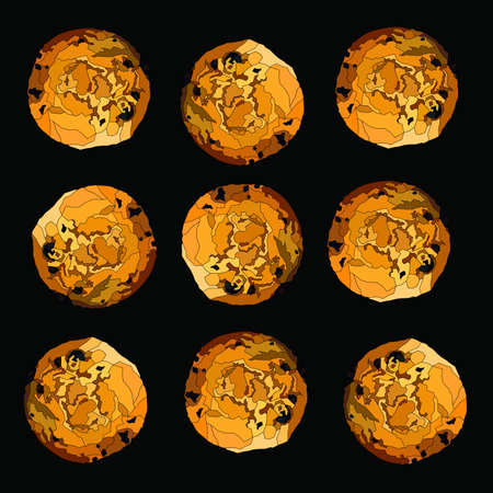 cookies set with raisins or chocolate, realistic vector art pattern on a black backgroundのイラスト素材