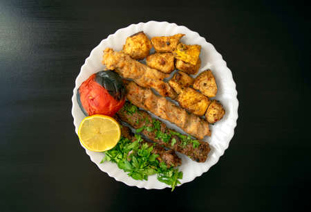 Famous traditional Arabic, Turkish, Israel food. Grilled chicken shashlik, lamb, beef kofta kebab,...