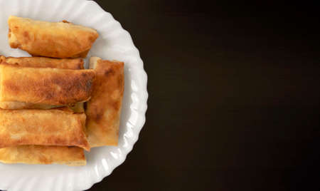 Famous traditional Middle East, Asian cuisine. Vegetable spring rolls on dark wooden background with...