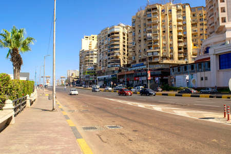 Alexandria - Egypt - October 08, 2020: Main street of Alexandria touristic city. Empty Corniche...