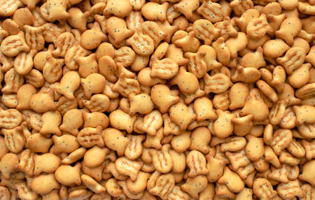 Closeup view of fish shaped salted crackers. Small tasty biscuits. Fish shaped cookies background.の写真素材