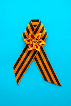 Original St. George ribbon on blue background for Victory day celebration, World War 2. 9 may celebration.の写真素材