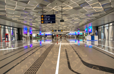 Dubai - UAE - December 18, 2020: Futuristic new metro station expo 2020. Dubai Metro