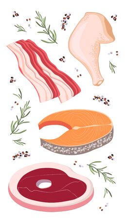 Vector set of colored icons of raw fresh farm meat of chicken leg, beef steak, red salmon fish, sliced bacon with spices, herbs twigs, rosemary leaves and peppercornsのイラスト素材