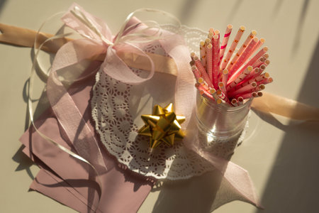 Top view decor for gender reveal party, newborn baby shower concept. Baby girls birthday. Pink and golden colorsの写真素材