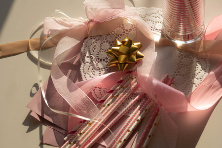 Top view decor for gender reveal party, newborn baby shower concept. Baby girls birthday. Pink and golden colorsの写真素材