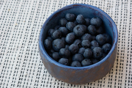 Breakfast mood. Fresh farm ripe blueberries berries in a blue ceramic crafts cup on a light background. Copy space. Vegan snackの写真素材