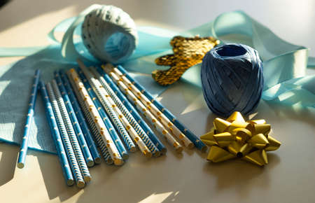 Baby showers decor. Blue and golden color concept for gender reveal party, newborn baby, boys birthday.の写真素材