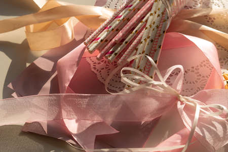 Top view pink and golden colors decor for gender reveal party, newborn baby shower concept. Baby girls birthday.の写真素材