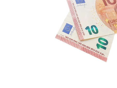 Paper money of the euro on a white background neatly laid out, straight, smooth. Denomination twenty, ten, fifty, five euros. Savings. Saving. Credit. Spare pillow for a rainy day. . High quality photoの写真素材