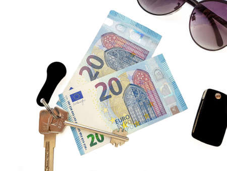 Paper money euro on a white background with keys. Wealth. . High quality photoの写真素材