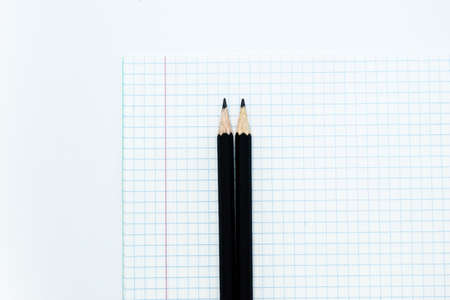 Black slate pencils on a white sheet of notebook in a cage on a white background. High quality photoの写真素材