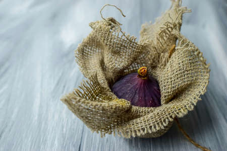 Bright purple luscious figs wrap in fabric on a gray wooden background. . High quality photo